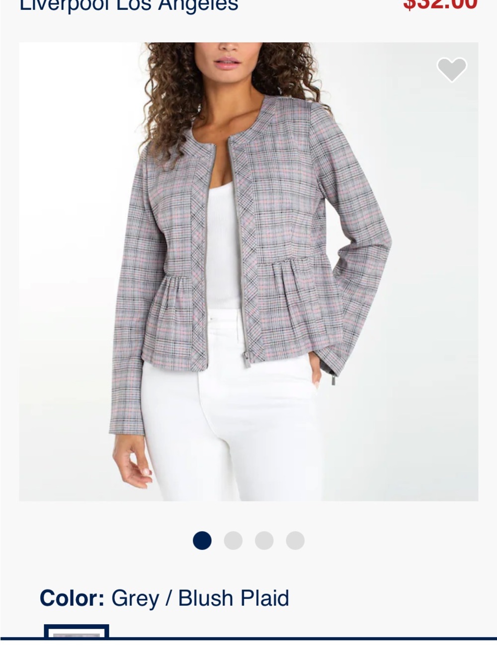Liverpool Grey and Blush Plaid Peplum Blazer NWT sz Large
